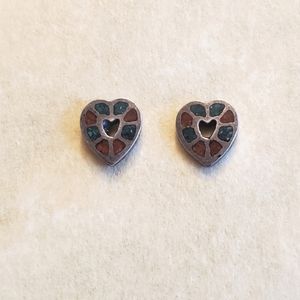 Vintage Turquoise Coral Silver Heart Stud Earrings